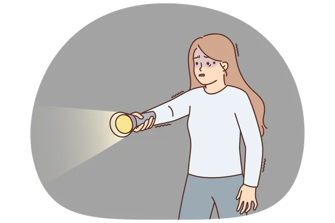 Frightened girl with flashlight walks in dark suffering from nyctophobia and trembling with fear  Illustration