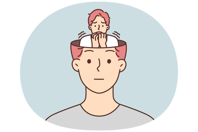 Frightened human sits in head of calm man hiding fear and emotions from others  Illustration