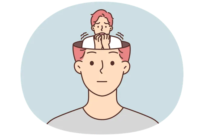 Frightened human sits in head of calm man hiding fear and emotions from others  Illustration