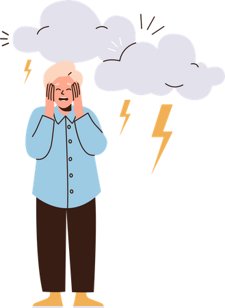 Frightened little boy afraid of thunderstorm covering ears from loud sound  Illustration