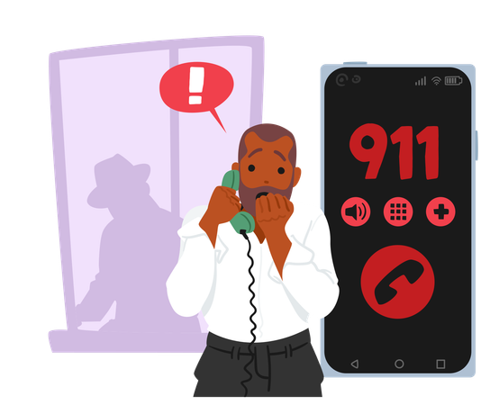 怯えた男性が911に電話  イラスト