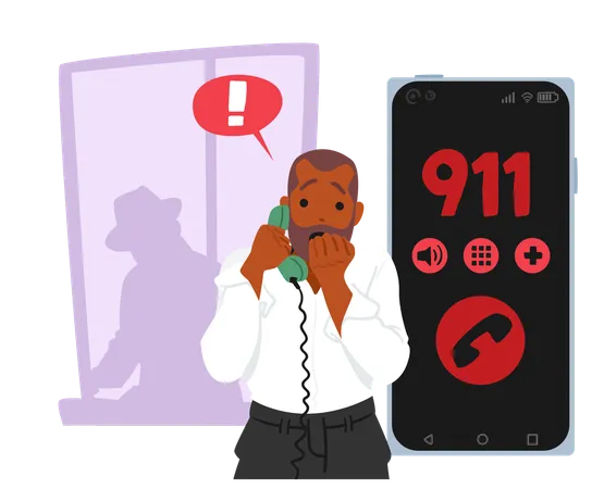 怯えた男性が911に電話  イラスト