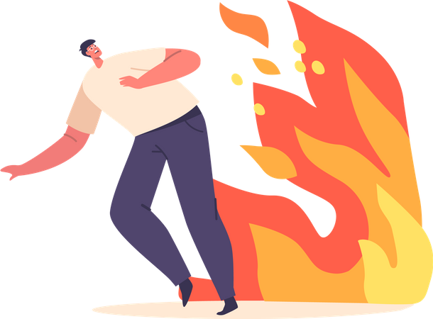 Frightened Male Character Escaping The Fire  Illustration