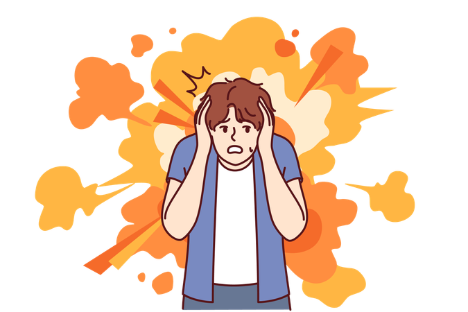 Frightened man gets scared by explosion and covers ears with hands to avoid stunning or concussion  Illustration