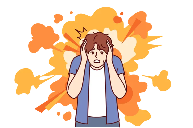 Frightened Man Gets Scared By Explosion And Covers Ears With Hands To Avoid Stunning Or Concussion Frightened Guy Stands Near Bright Smoke Clutching Head And Afraid To Turn Back Illustration