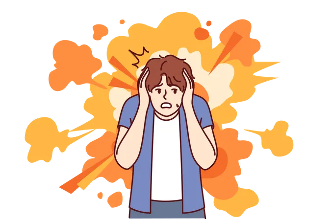 Frightened man gets scared by explosion and covers ears with hands to avoid stunning or concussion  Illustration