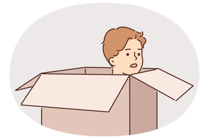 Frightened man hides in carton box trying to avoid meeting offender  Illustration