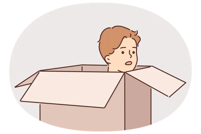 Frightened man hides in carton box trying to avoid meeting offender  Illustration