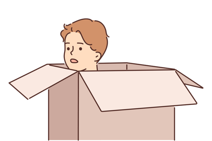 Frightened man hides in carton box trying to avoid meeting offender or unpleasant person  Illustration