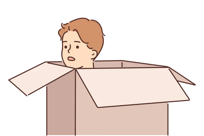 Frightened man hides in carton box trying to avoid meeting offender or unpleasant person  Illustration