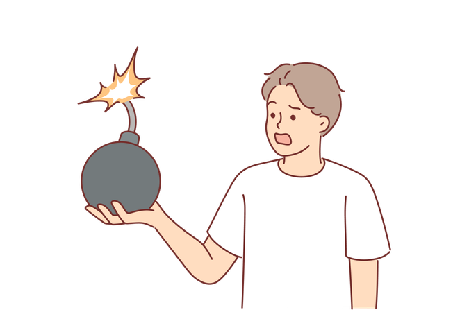 Frightened man holds bomb with burning fuse  Illustration