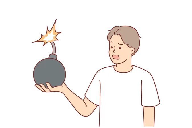 Frightened Man Holds Bomb With Burning Fuse Symbolizing Coming Problems And Troubles Guy Gets Scared And Feels Desperate About Big Old Fashioned Bomb Due To Inability To Defuse Alarming Ammunition Illustration