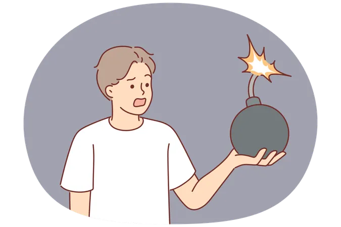 怯えた男が燃える導火線の付いた爆弾を握る  イラスト