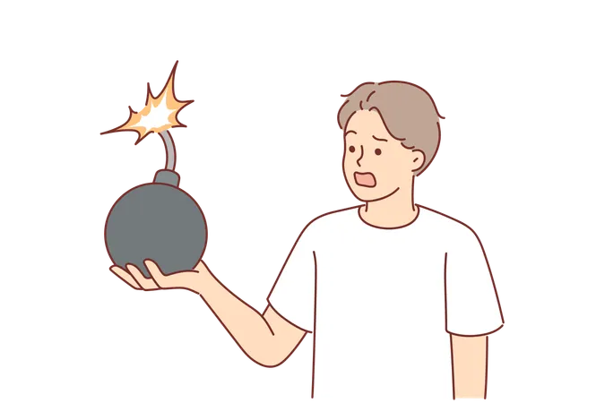 Frightened man holds bomb with burning fuse  Illustration