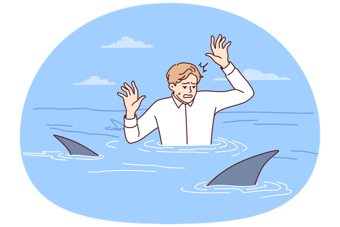Frightened man in water with sharks and raises hands out of panic  Illustration