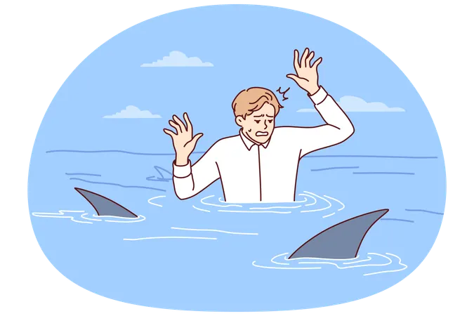 Frightened man in water with sharks and raises hands out of panic  Illustration