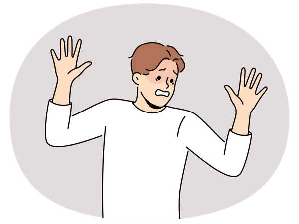 Frightened man raises hands in surrender and demonstrates obedience and refusal to resist  Illustration
