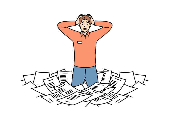 Frightened man standing along pile of paper  Illustration