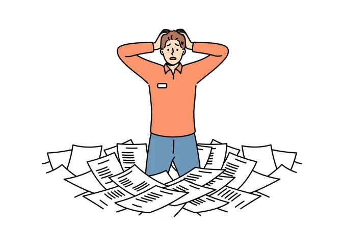 Frightened man standing along pile of paper  Illustration