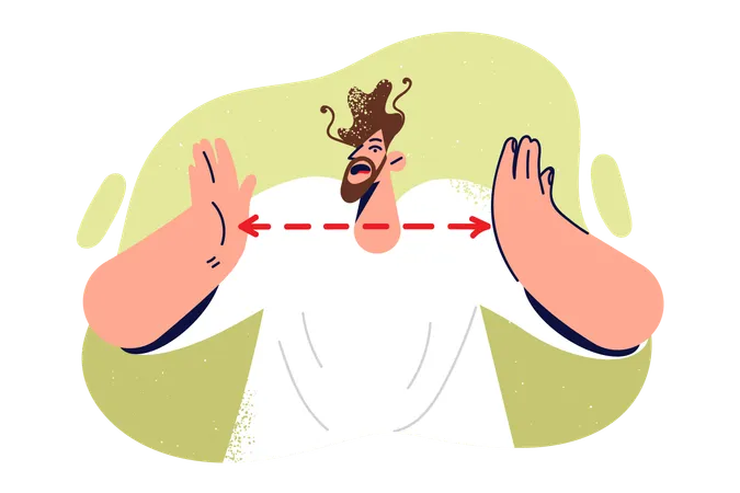 Frightened Man Throws Up Hands Showing Size Of Problems Causing Stress And Frustration Red Line Between Palms Of Annoyed Guy Symbolizes Maximum Allowed Size Of Parcel Or Storage Space Illustration