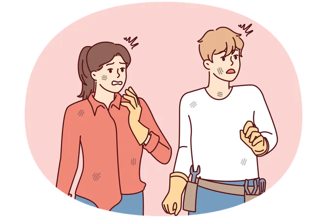 修理工具を持った怯えた男性と、目をそらして落胆する汚れた服を着た女性  イラスト