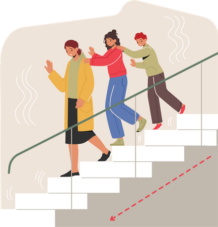 Frightened Support And Cling To One Another They Cautiously Descend The Stairs During Earthquake  Illustration