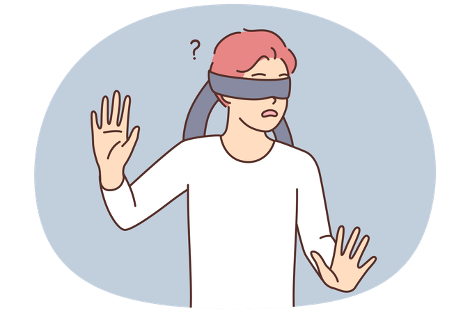 Frightened teen boy blindfolded trying to grope road of action in blind  Illustration