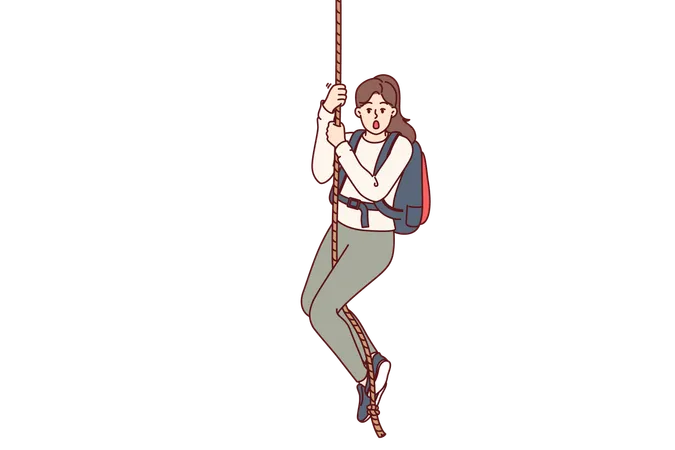 Frightened woman climber hangs on rope and opens mouth from fear or release of adrenaline in body  イラスト