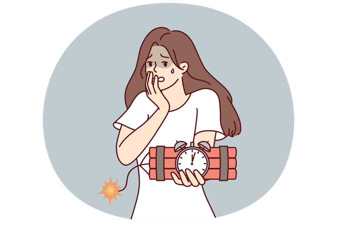 Frightened woman holding bomb in hands panicking because of explosion  Illustration