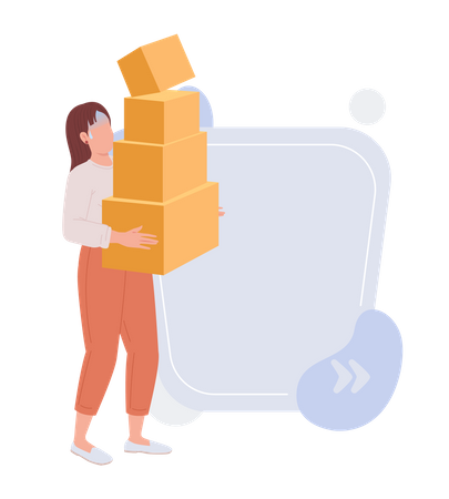 Frightened woman holding large pile of cardboard boxes Illustration