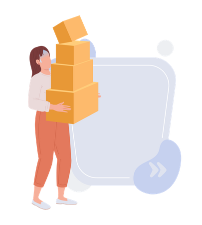 Frightened woman holding large pile of cardboard boxes  Illustration