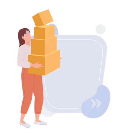 Frightened woman holding large pile of cardboard boxes  Illustration