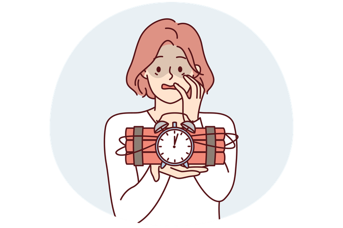 Frightened woman holds bomb with clockwork and does not know how to stop explosion  Illustration