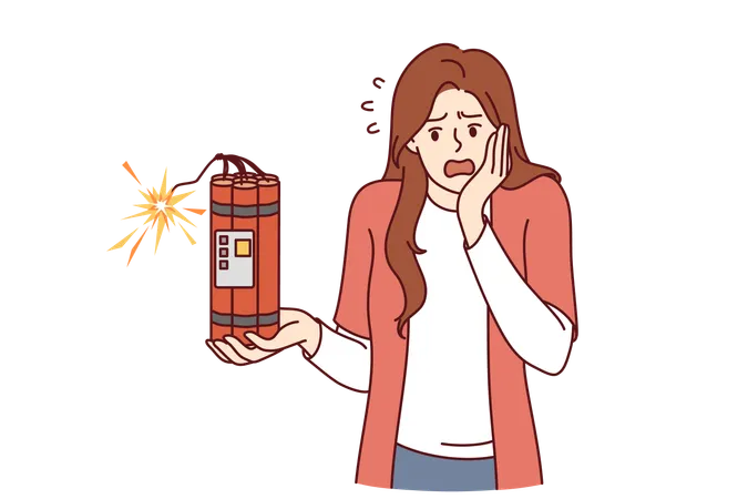 Frightened Woman Holds Dynamite In Hands And Panics When She Learns That Explosion Is Coming Unhappy Girl Holding Dynamite Bomb And Experiencing Anxiety For Concept Of Approaching Problems Illustration