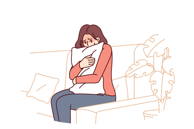 Frightened woman is sitting on couch  イラスト