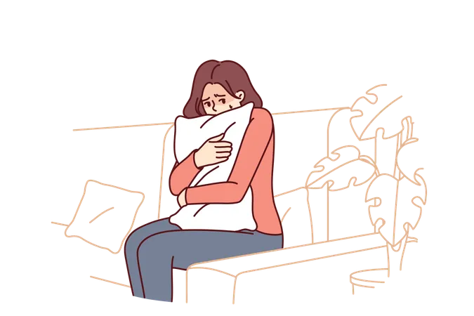 Frightened Woman Hugging Pillow Sitting On Couch Feeling Fear And Depressed Psychological State Frightened Teen Girl Is Afraid To Be Alone And Sad Because Of Breaking Up With Boyfriend Illustration