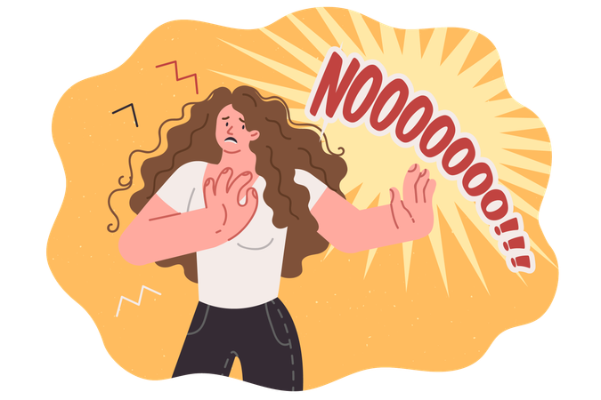 Frightened woman screams no and trying to stop unacceptable actions  Illustration