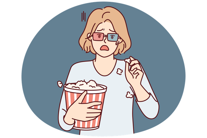 Frightened woman with bucket popcorn opens mouth during scary moment in horror movie  Illustration