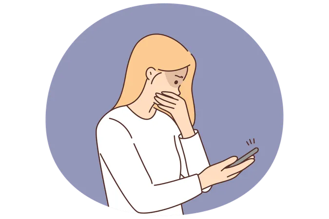 Frightened woman with phone became victim of cyberbullying and received messages with hate speech  Illustration