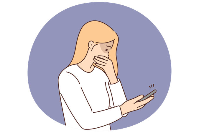 Frightened woman with phone became victim of cyberbullying and received messages with hate speech  Illustration