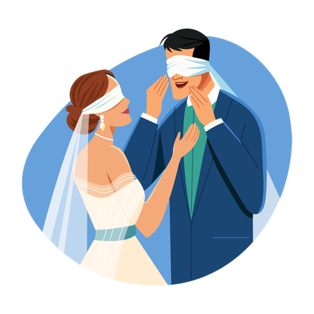 Frisch verheiratetes Paar mit verbundenen Augen  Illustration