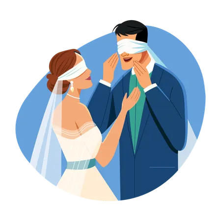 Frisch verheiratetes Paar mit verbundenen Augen  Illustration