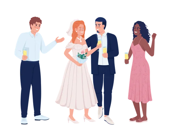 Frischvermählte feiern Hochzeit mit Freunden  Illustration