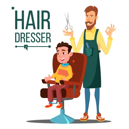 Friseur, Und, Child,, Teenager, Vektor  Illustration