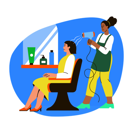 Weibliche Friseurin trocknet Haare des Kunden  Illustration