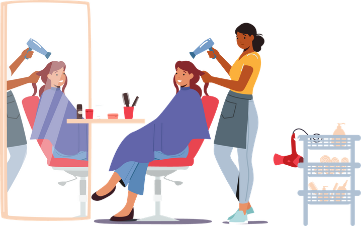 Friseurmeister schneidet einem Mädchen die Haare und trocknet sie mit einem Ventilator vor dem Spiegel  Illustration