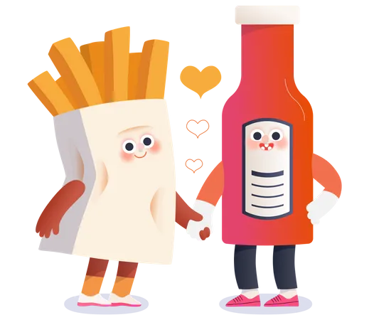 Pommes de terre frites et bouteille de ketchup amoureux  Illustration