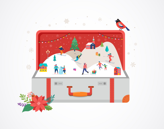 Frohe Weihnachten, großer offener Koffer mit Winterlandschaft und kleinen Leuten  Illustration