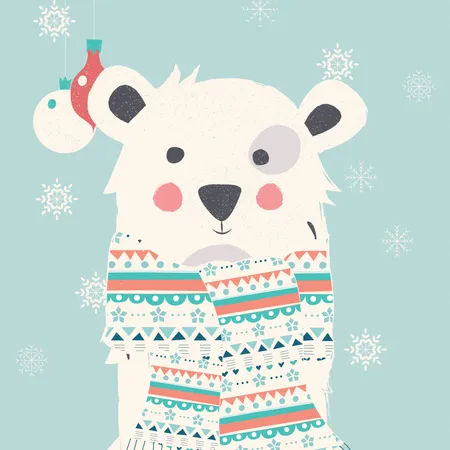 Frohe Weihnachten Postkarte mit Polar White Bear trägt Schal  Illustration