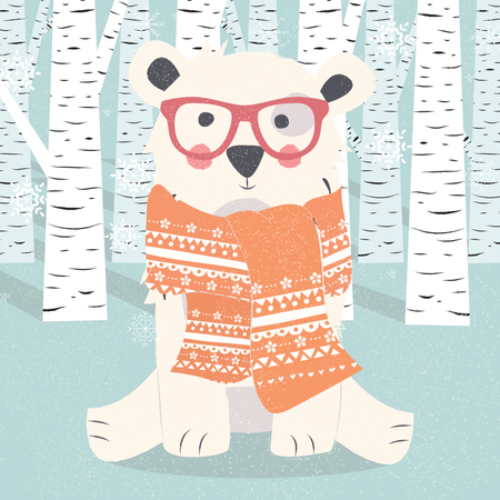 Frohe Weihnachten Postkarte mit Hipster Eisbär im Wald  Illustration